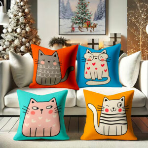 Lot de 4 Housses de Coussin Imprimées – Chat Adorable
